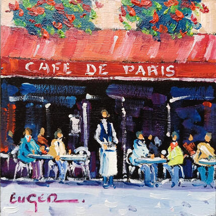Peinture TERRASSE PARISIENNE par Euger | Tableau Figuratif Carton, Huile Scènes de vie, Société, Urbain