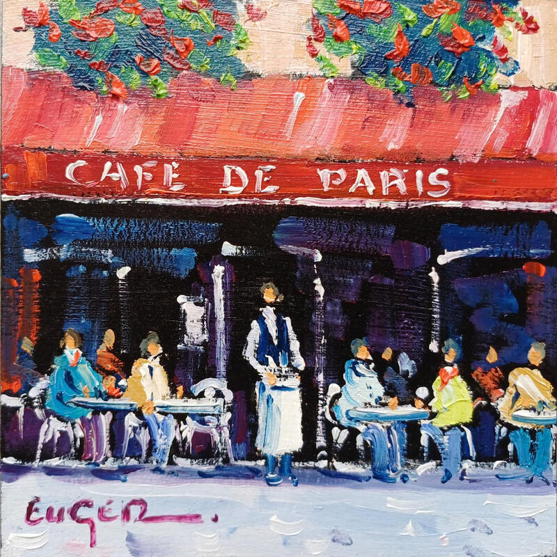Peinture TERRASSE PARISIENNE par Euger | Tableau Figuratif Société Urbain Scènes de vie Carton Huile