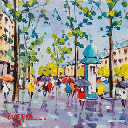 Painting CHAMPS ELYSEES SOUS LA PLUIE by Euger | Painting Figurative Acrylic, Oil Architecture, Life style, Urban