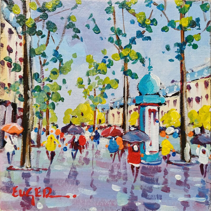 Peinture CHAMPS ELYSEES SOUS LA PLUIE par Euger | Tableau Figuratif Urbain Scènes de vie Architecture Huile Acrylique