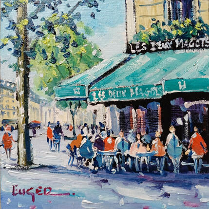 Peinture TERRASSE A SAINT GERMAIN DES PRES par Euger | Tableau Figuratif Carton, Huile Scènes de vie, Société, Urbain