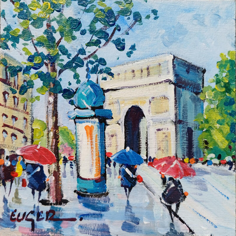 Peinture PLUIE PRES DE L'ARC DE TRIOMPHE par Euger | Tableau Figuratif Urbain Scènes de vie Architecture Huile Acrylique