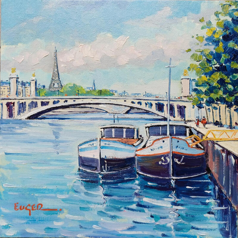 Peinture LES QUAIS DE SEINE RIVE DROITE par Euger | Tableau Figuratif Paysages Urbain Scènes de vie Huile