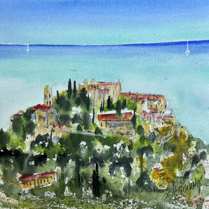 Gemälde Èze village perché et grande bleue von Hoffmann Elisabeth | Gemälde Figurativ Aquarell Pop-Ikonen, Urban