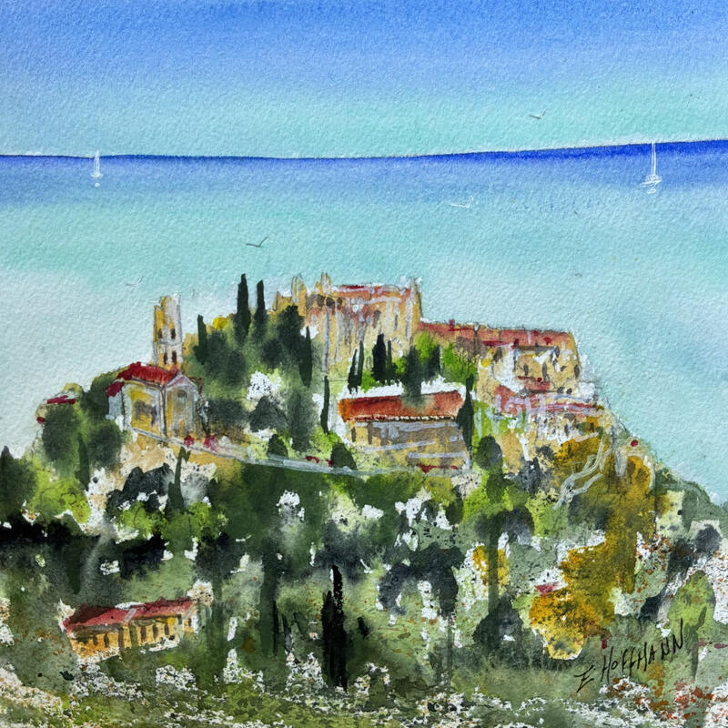 Gemälde Èze village perché et grande bleue von Hoffmann Elisabeth | Gemälde Figurativ Urban Aquarell