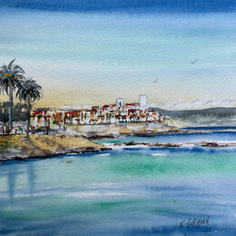Painting Antibes palmiers, azur et remparts by Hoffmann Elisabeth | Painting Figurative Watercolor Marine, Pop icons, Urban