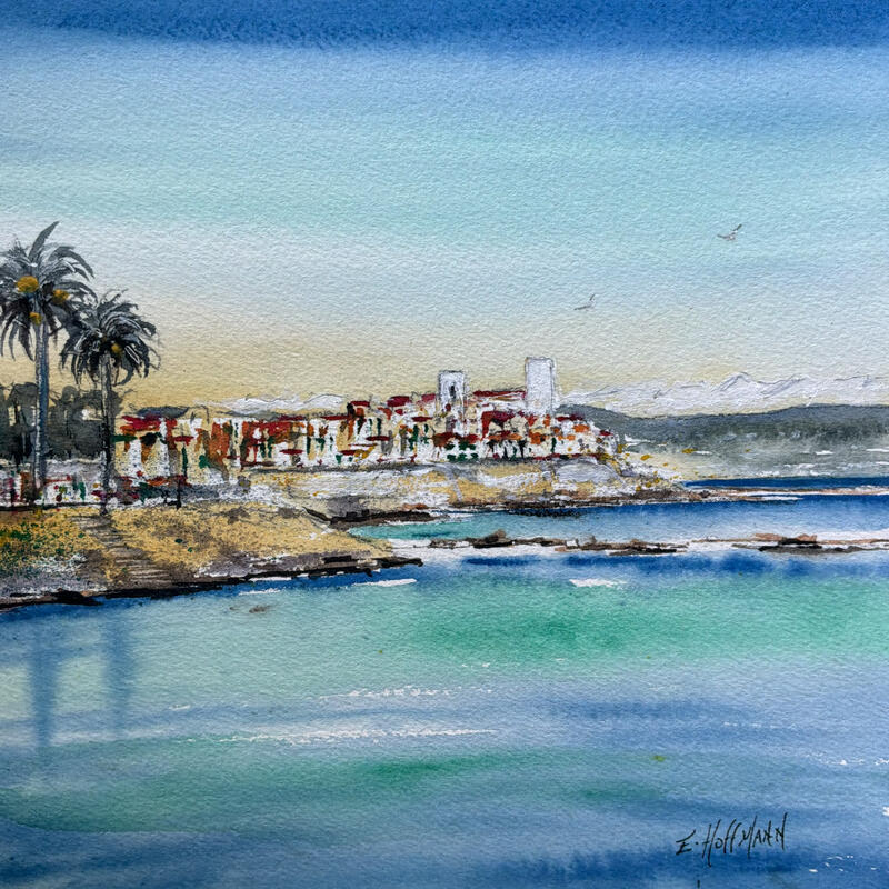 Painting Antibes palmiers, azur et remparts by Hoffmann Elisabeth | Painting Figurative Urban Marine Watercolor