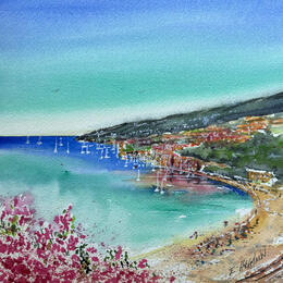 Painting Villefranche-sur-Mer bougainvilliers et reflet do port by Hoffmann Elisabeth | Painting Figurative Watercolor Marine, Pop icons, Urban