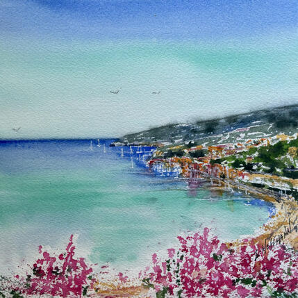 Painting Villefranche-sur-Mer village miroir et cascade de fleurs by Hoffmann Elisabeth | Painting