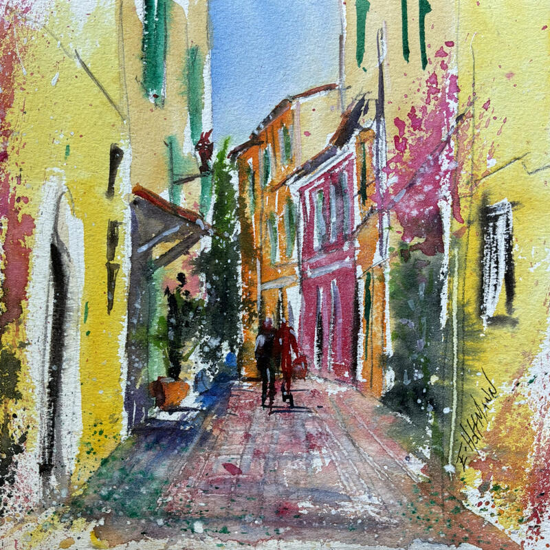 Painting Nice ruelle fleurie by Hoffmann Elisabeth | Painting Figurative Urban Watercolor