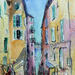 Gemälde Nice ruelle vue mer turquoise von Hoffmann Elisabeth | Gemälde Figurativ Urban Aquarell