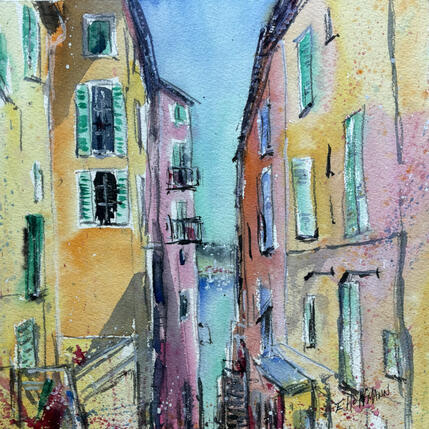 Gemälde Nice ruelle vue mer turquoise von Hoffmann Elisabeth | Gemälde Figurativ Aquarell Pop-Ikonen, Urban