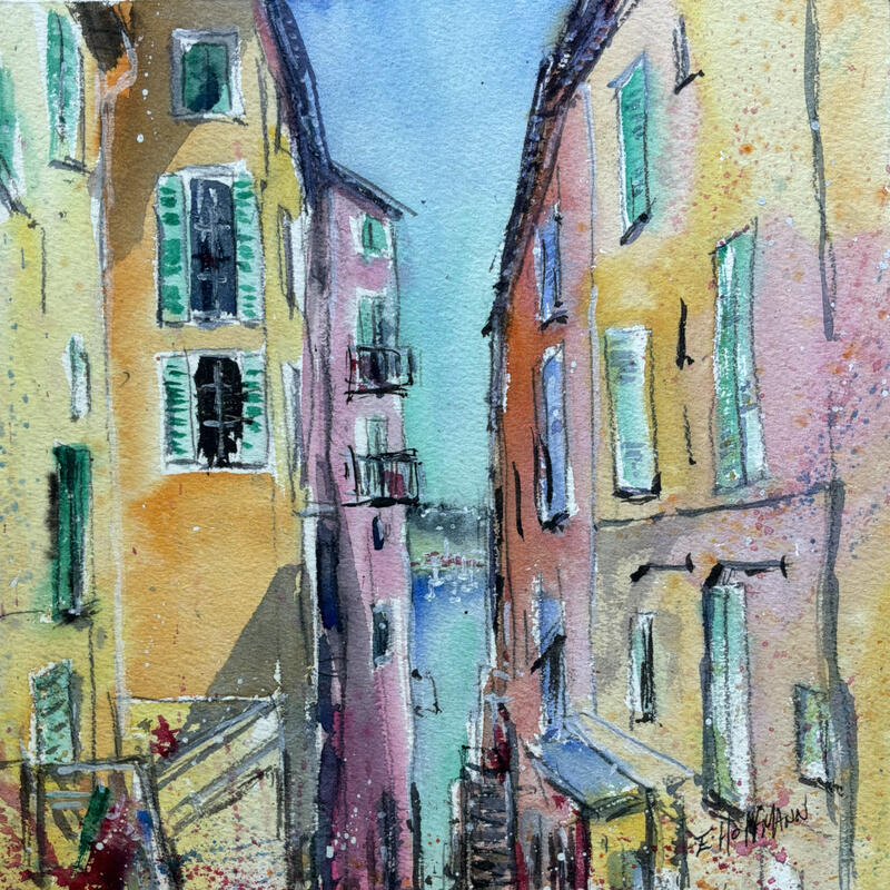 Gemälde Nice ruelle vue mer turquoise von Hoffmann Elisabeth | Gemälde Figurativ Urban Aquarell