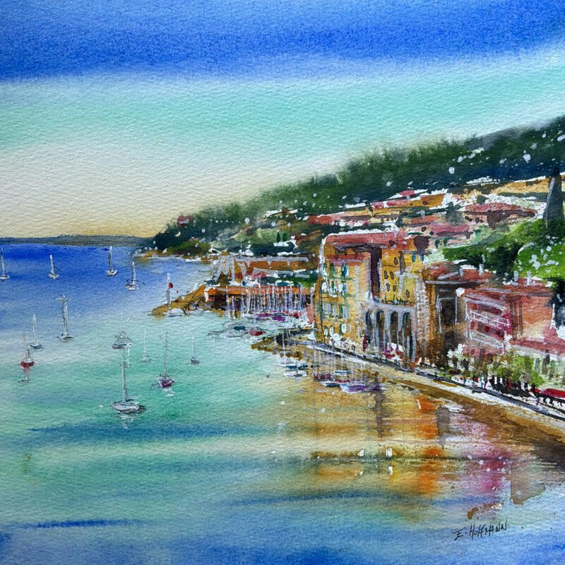 Painting Villefranche-sur-Mer reflets colorés by Hoffmann Elisabeth | Painting Figurative Urban Marine Watercolor