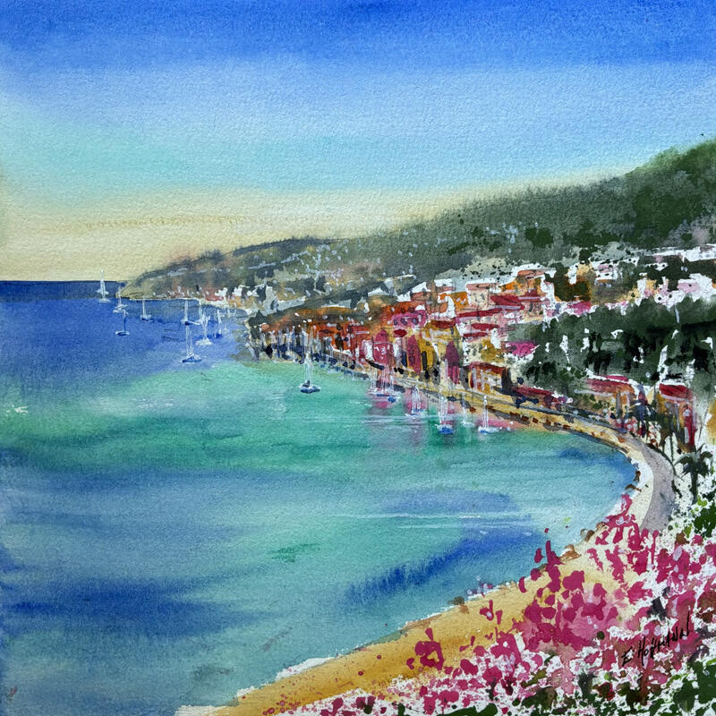 Painting Villefranche-sur-Mer la baie colorée by Hoffmann Elisabeth | Painting Figurative Urban Marine Watercolor