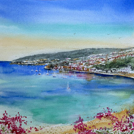 Painting Villefranche-sur-Mer douceur de bougainvilliers by Hoffmann Elisabeth | Painting Figurative Watercolor Marine, Urban