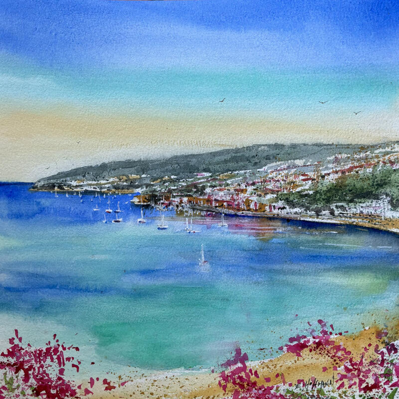 Painting Villefranche-sur-Mer douceur de bougainvilliers by Hoffmann Elisabeth | Painting Figurative Urban Marine Watercolor