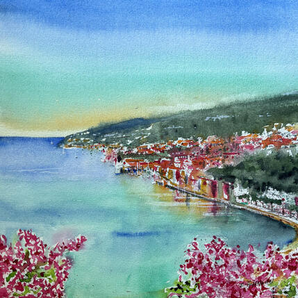 Painting Villefranche-sur-Mer cadre fleuri by Hoffmann Elisabeth | Painting Figurative Watercolor Marine, Urban