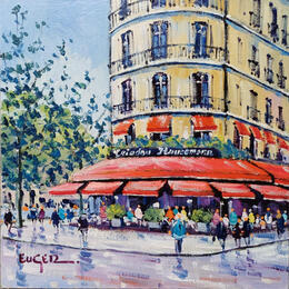 Painting  TERRASSE DE CAFE BOULEVARD HAUSSMANN by Euger | Painting Figurative Oil Architecture, Life style, Urban