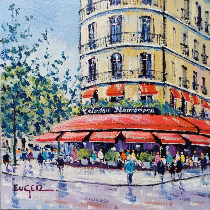 Painting TERRASSE DE CAFE BOULEVARD HAUSSMANN by Euger | Painting Figurative Urban Life style Architecture Oil