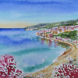 Painting Villefranche sur mer bougainvilliers  by Hoffmann Elisabeth | Painting Figurative Watercolor Urban