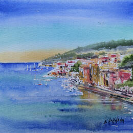 Painting Villefranche sur mer la baie by Hoffmann Elisabeth | Painting Figurative Watercolor Urban
