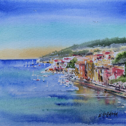 Painting Villefranche sur mer la baie by Hoffmann Elisabeth | Painting Figurative Watercolor Urban
