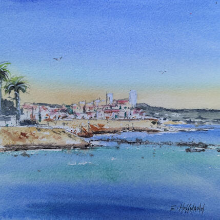 Painting Antibes ville fortifiée by Hoffmann Elisabeth | Painting Figurative Watercolor Urban