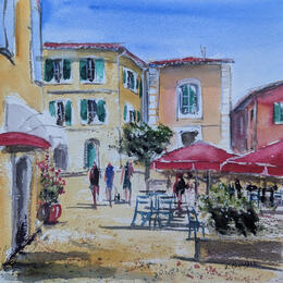 Painting Nice terrasse rouges parasols  by Hoffmann Elisabeth | Painting Figurative Watercolor Pop icons, Urban