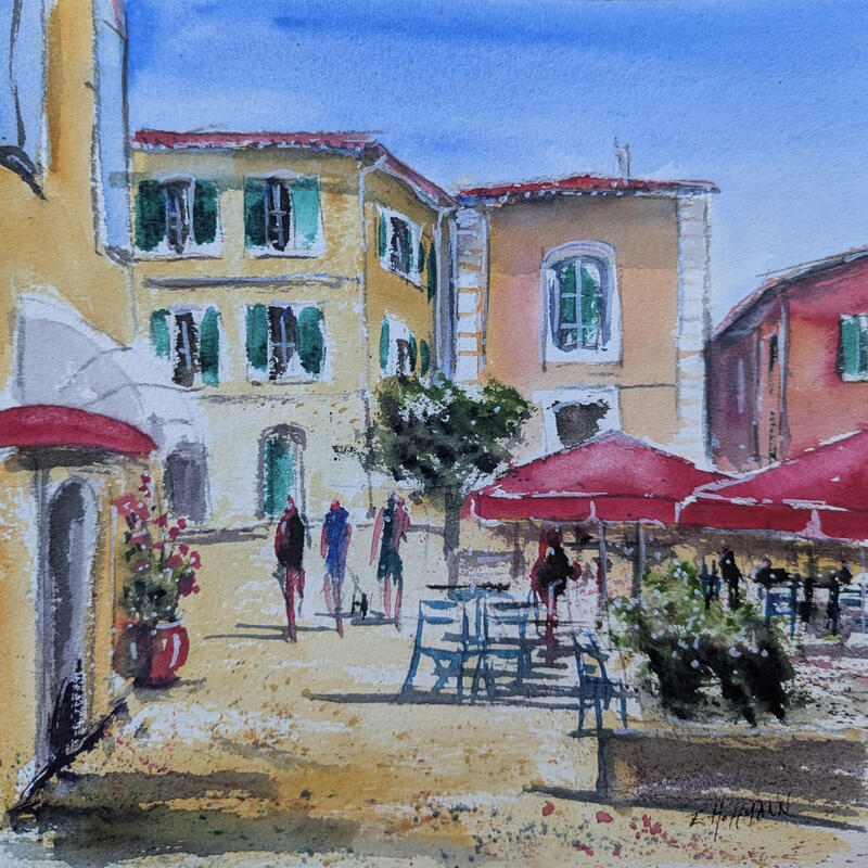 Painting Nice terrasse rouges parasols  by Hoffmann Elisabeth | Painting Figurative Urban Watercolor