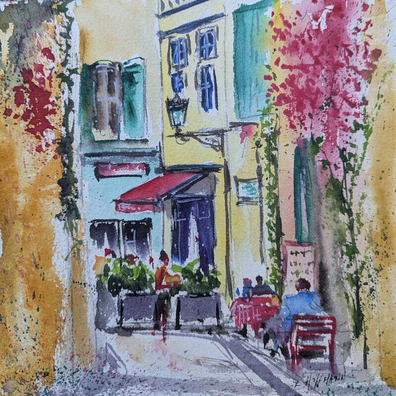 Painting Nice terrasse fleurie by Hoffmann Elisabeth | Painting Figurative Urban Watercolor