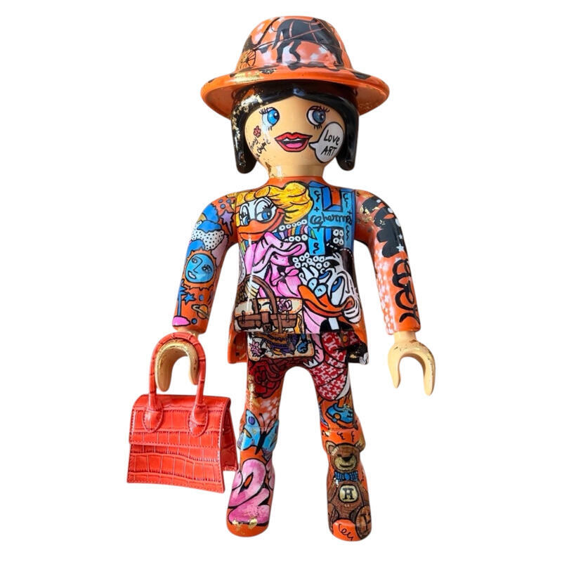 Sculpture PLAYMOBIL XXL MIS HERMES et son sac 62cm  par Frany La Chipie | Sculpture Pop-art Icones Pop Graffiti Posca