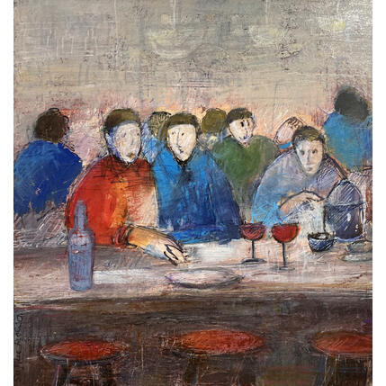 Gemälde Un rouge entre amis von Rocco Sophie | Gemälde Art brut Acryl, Collage, Sand