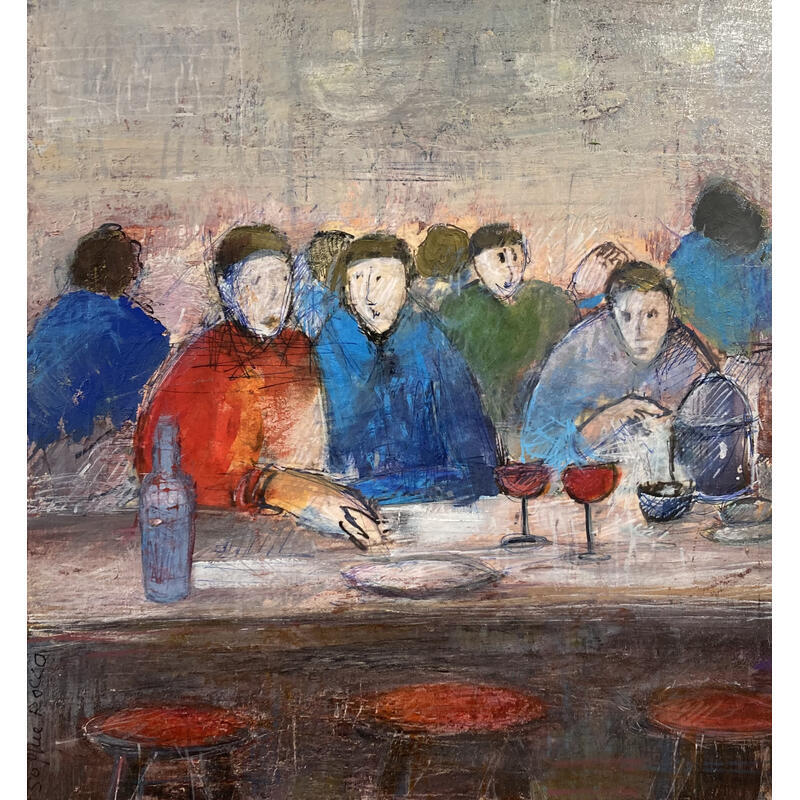 Gemälde Un rouge entre amis von Rocco Sophie | Gemälde Art brut Acryl Collage Sand