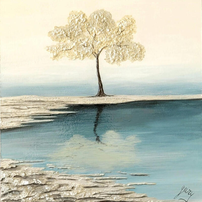 Painting L'îlot d'éternité by Geiry | Painting Subject matter Landscapes Nature Minimalist Wood Pigments Marble powder