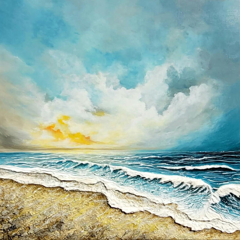 Peinture Eclat d'horizon par Geiry | Tableau Matiérisme Paysages Marine Bois Pigments Poudre de marbre