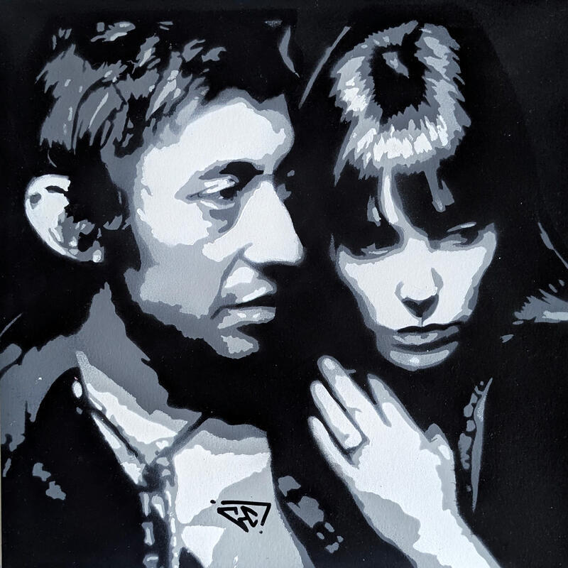 Peinture Gainsbourg et Birkin par G.C.Popartist | Tableau Pop-art Musique Icones Pop Noir & blanc Huile