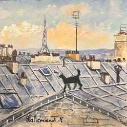 Painting Le chat noir sur les toits de Paris by Lallemand Yves | Painting Figurative Acrylic Urban