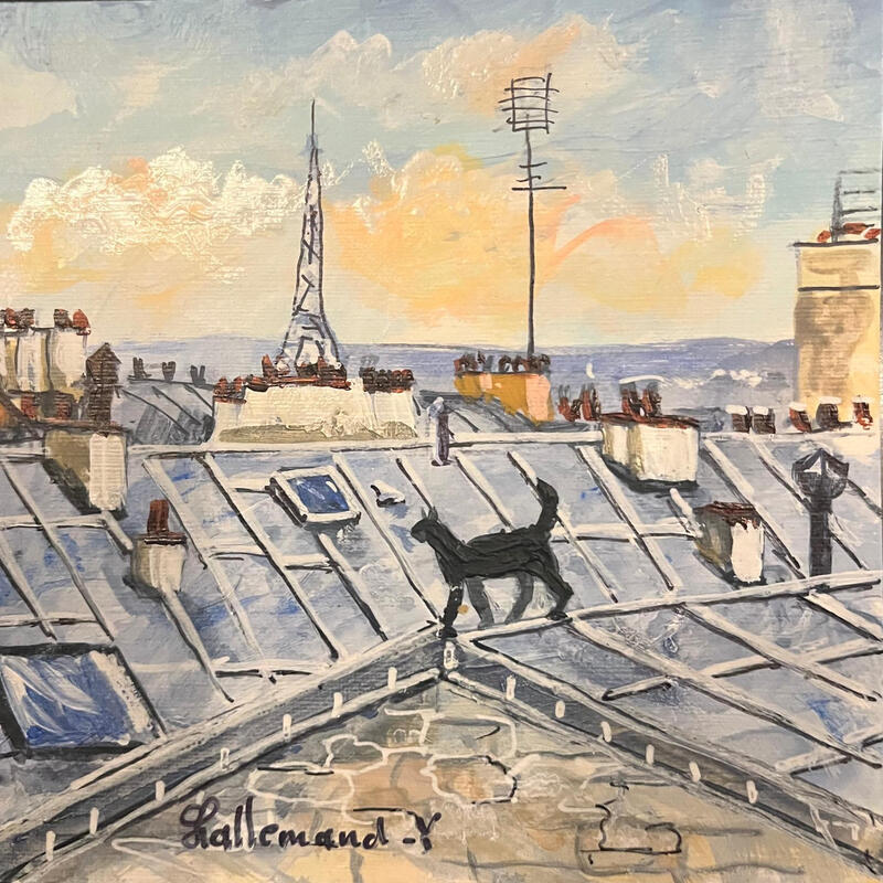 Painting Le chat noir sur les toits de Paris by Lallemand Yves | Painting Figurative Urban Acrylic
