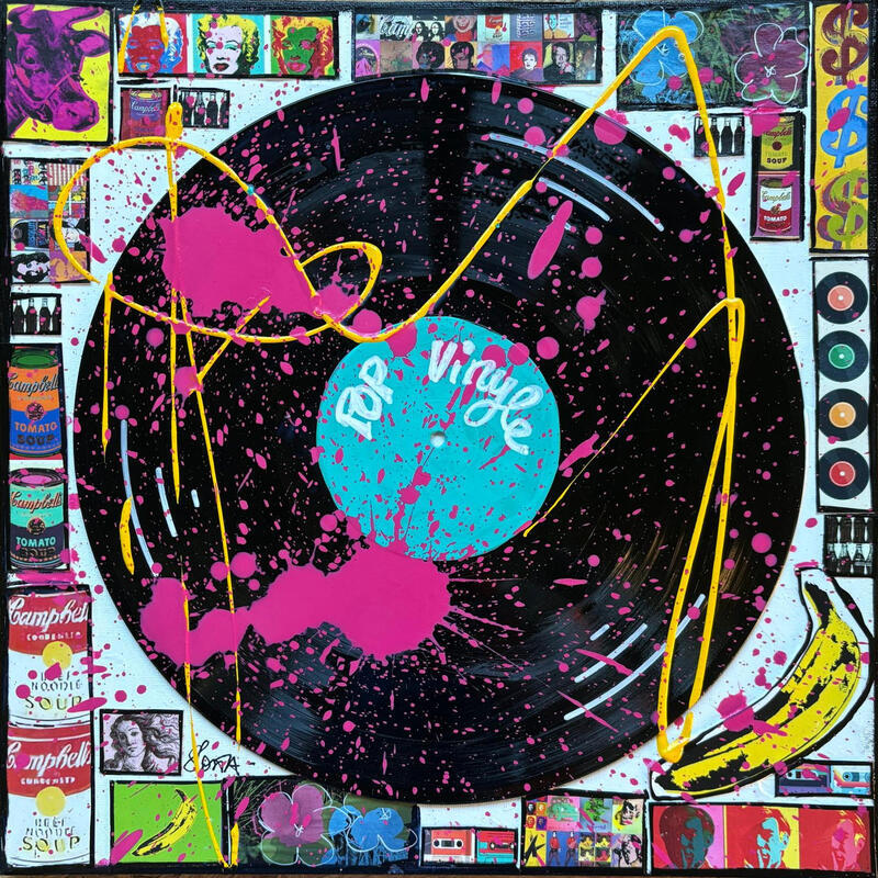 Peinture POP VINYLE (bleu) par Costa Sophie | Tableau Pop-art Icones Pop Acrylique Collage Upcycling