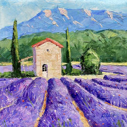 Painting Maison et montagne dans les champs de lavandes by Arkady | Painting Figurative Oil Pop icons