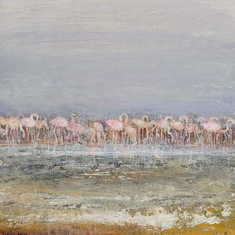 Painting Flamands roses by Rocco Sophie | Painting Raw art Acrylic Gluing Sand