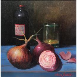 Painting Cebola e azeite by Chico Souza | Painting Figurative Oil Still-life
