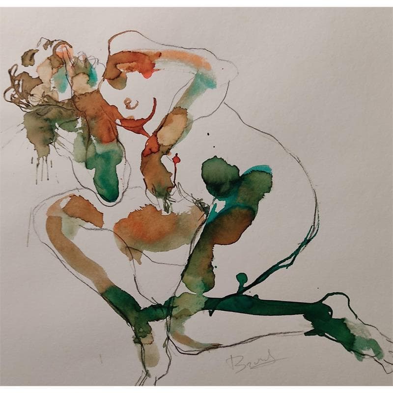Painting lydie couchée une main au menton by Brunel Sébastien | Painting Figurative Nude Watercolor