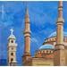 Peinture Mohamad Amine Mosque Beirut 2020 par Chammas Fady | Tableau Figuratif Urbain Aquarelle