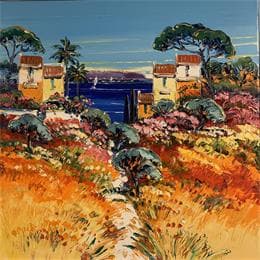 Peinture Terrasse fleurie par Corbière Liisa | Tableau Figuratif Huile Paysages