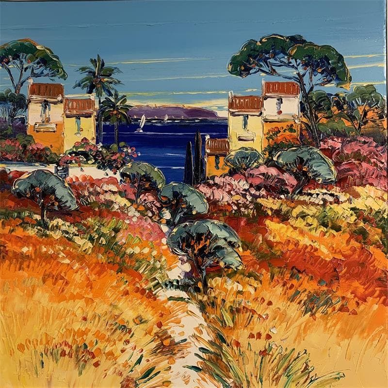 Painting Terrasse fleurie by Corbière Liisa | Painting Figurative Landscapes Oil