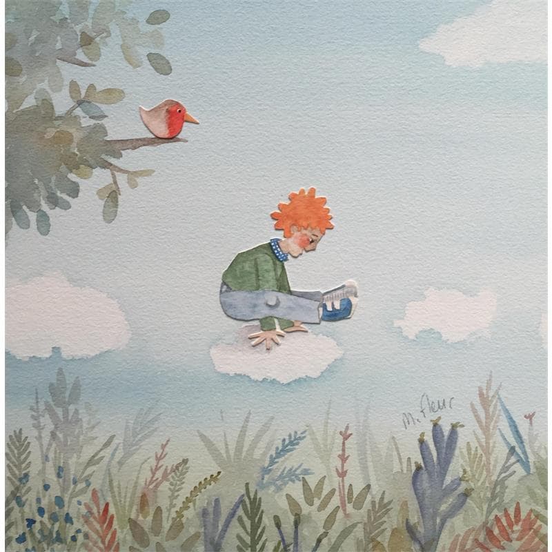 Painting Albert joue à saute nuages by Marjoline Fleur | Painting Naive art Life style Watercolor