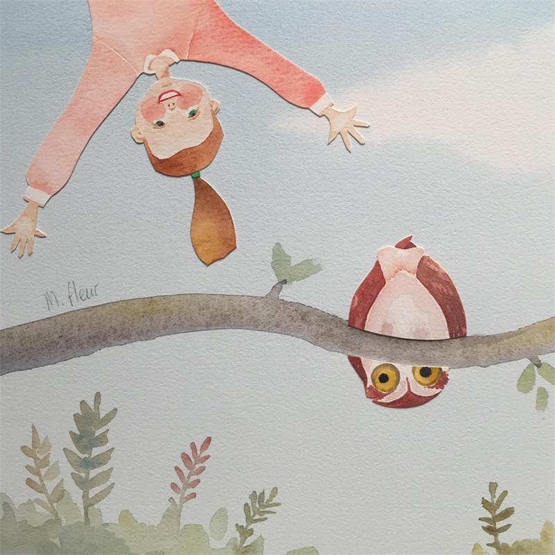 Peinture La tête en bas chouette par Marjoline Fleur | Tableau Art naïf Scènes de vie Aquarelle