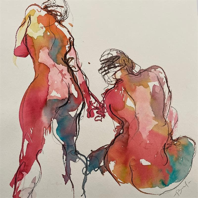 Painting charlotte assise et debout de dos by Brunel Sébastien | Painting Figurative Nude Watercolor